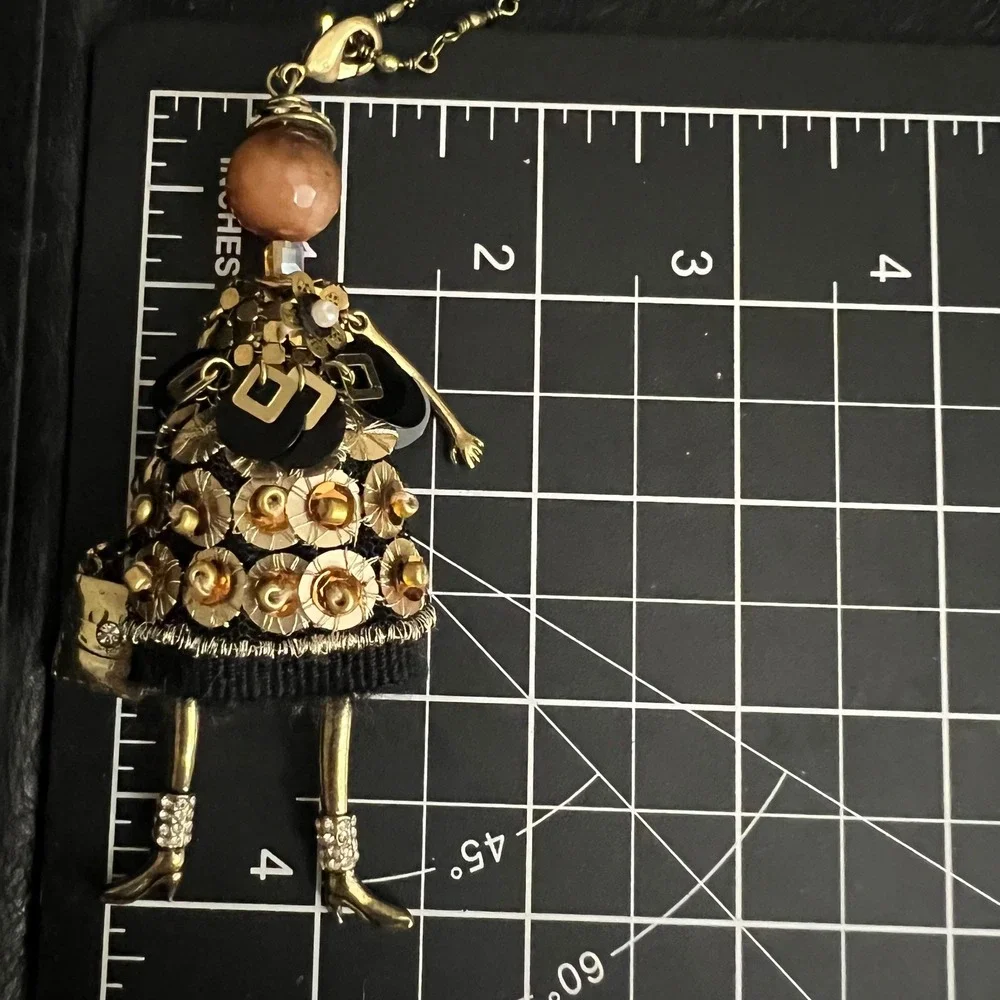 RS Paris Doll Pendant Long 36 Necklace Gold Tone Mixed Media 4 In Whimsical Goth